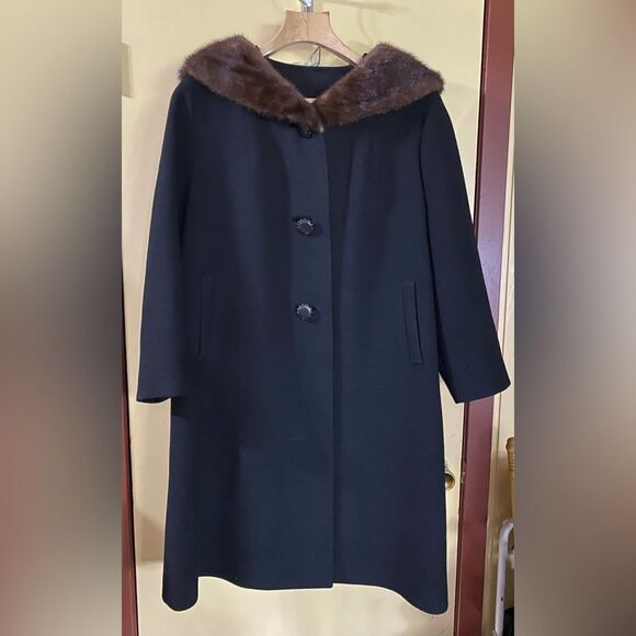 Vintage 50s Youthcraft Long Black Wool Large to XL Coat Satin Lined Big Buttons - Picture 1 of 8